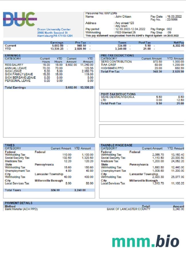 USA Dixon University Center educational company pay stub